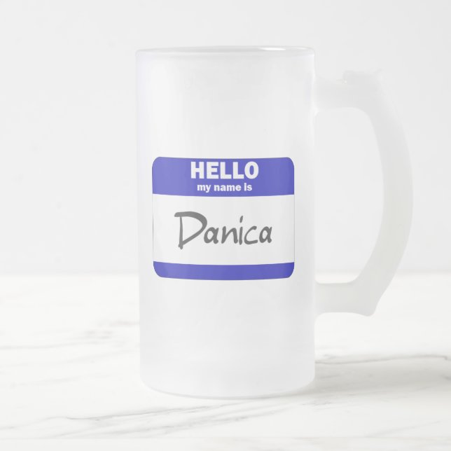 Hejen mitt namn är Danica (blått) Frostat Ölglas (Höger)