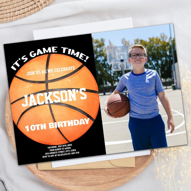Hel Svart Foto Basketboll Vit Inbjudningar (Full Ball Black Photo Basketball Ball White Invitation)