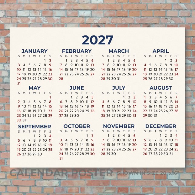Hela År 2027 Horisontell Kalender Dina Färger Poster (Skapare uppladdad)