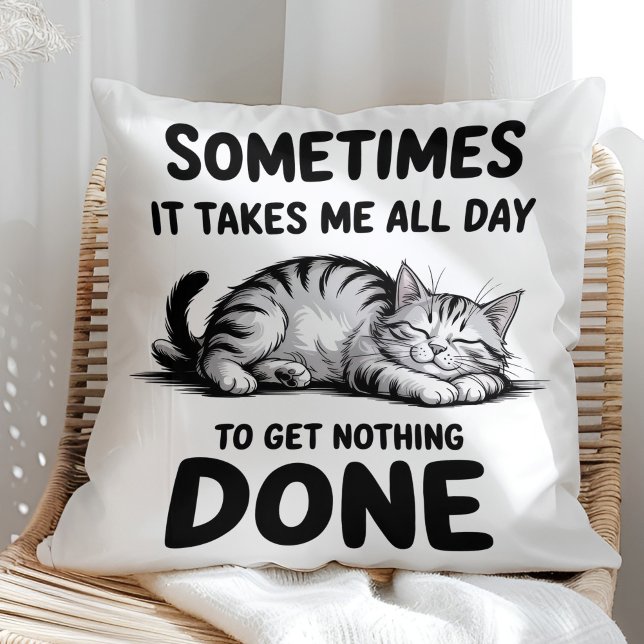 "Hela Dagen Att Göra Ingenting" Rolig Lat Katt Kudde ("All Day Doing Nothing" Funny Lazy Cat Throw Pillow in a sunny boho neutral rattan chair)
