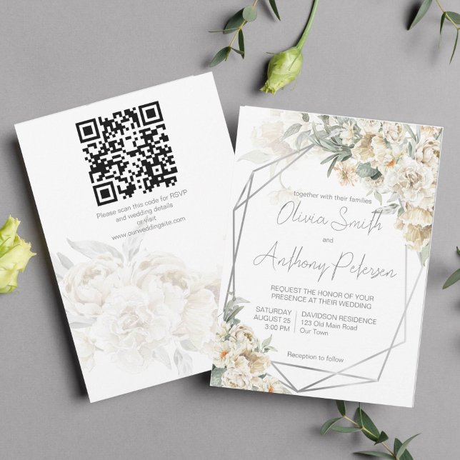 Hela den vita silver ram-vita blommigten bröllop inbjudningar (All white wedding theme white flowers silver sage silver geometrical frame invitation template)