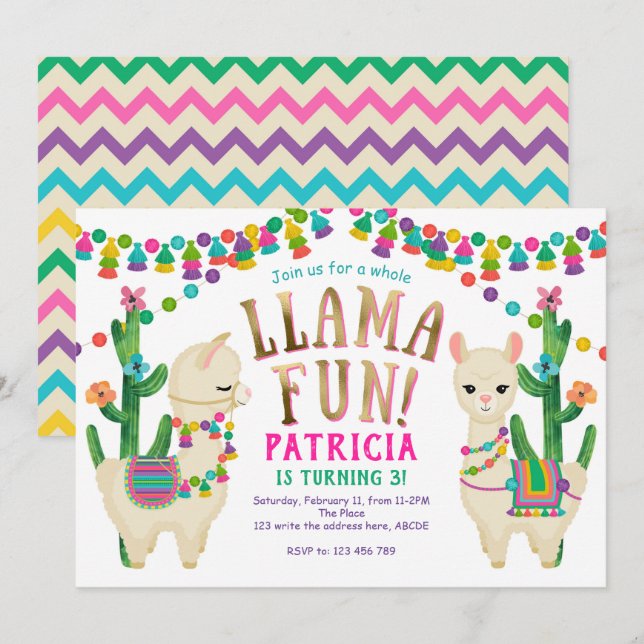 Hela Lama-roligten, Fiesta, Flickfödelsedagen Inbjudningar (Fram/baksida)