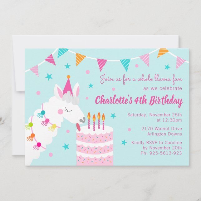 Hela Llama Roligt Cake 4e födelsedagen Aqua Inbjudningar (Framsida)