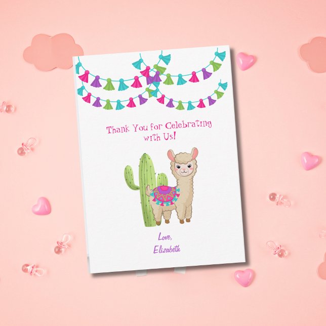 Hela Llama Roligt Rosa Lila Cactus Child Birthday Tack Kort (Llama and Cactus Child's birthday thank you card.)