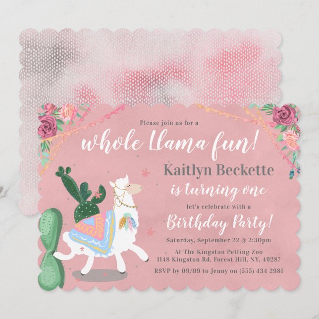 Hela Llama-Roligten! 1:a födelsedagarinbjudan Inbjudningar (Fram/baksida)