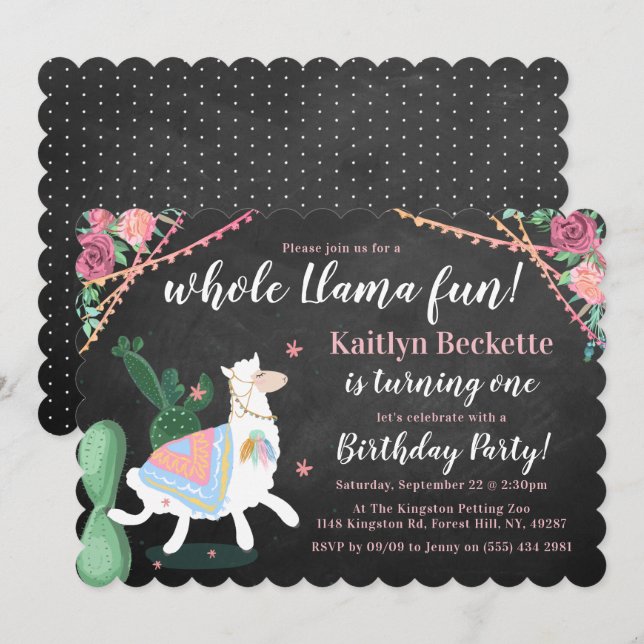 Hela Llama-Roligten! 1:a födelsedagarinbjudan Inbjudningar (Fram/baksida)