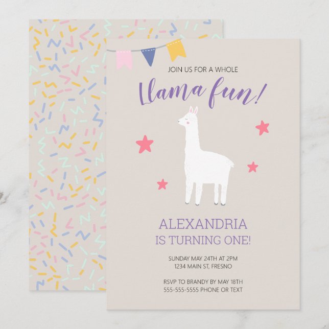 Hela Llama-Roligten Cute Boho Birthday Inbjudningar (Fram/baksida)