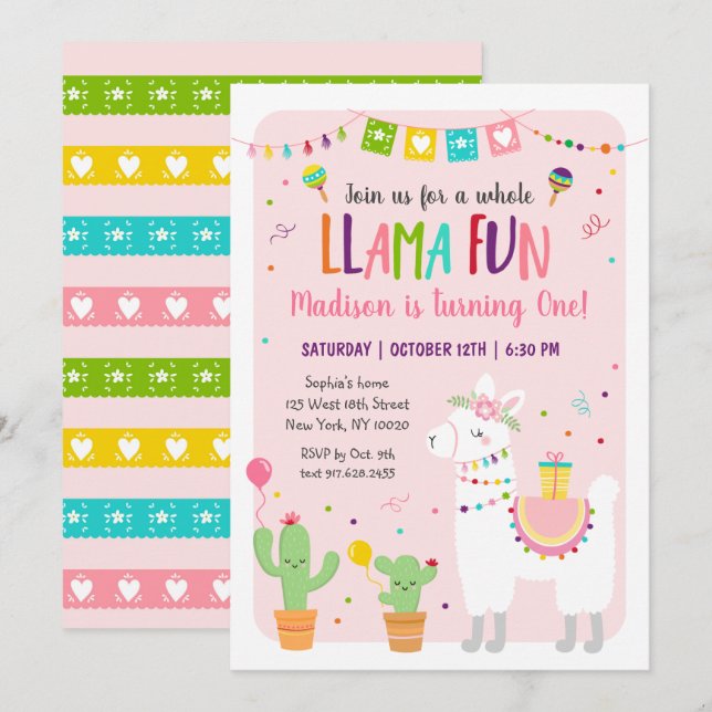 Hela Llama-Roligten Fiesta Cactus Birthday-inbjuda Inbjudningar (Fram/baksida)