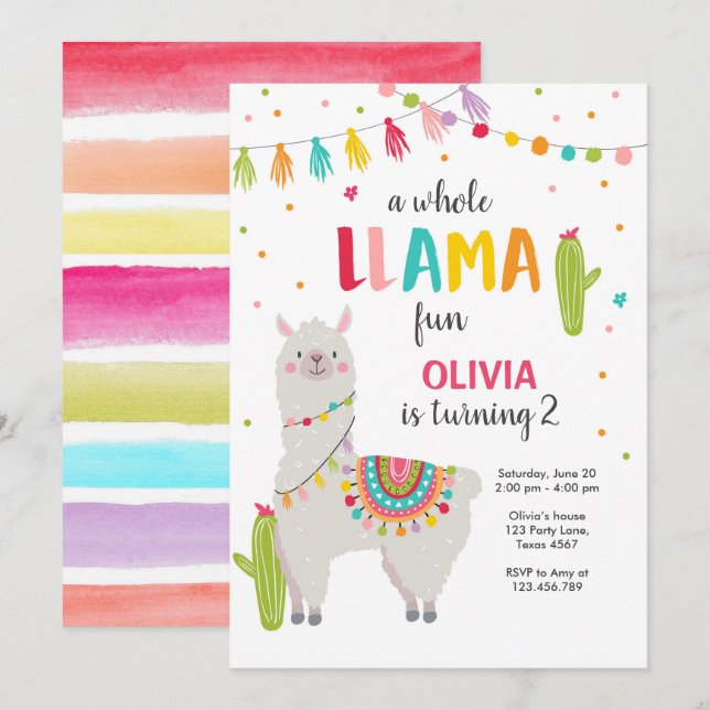 Hela Llama-Roligten Fiesta Flickfödelsedagsinbjuda Inbjudningar (Fram/baksida)