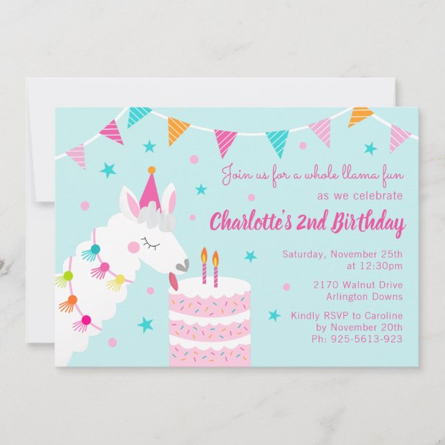 Hela Llama-Roligten Kummel 2:a födelsedagsAqua Inbjudningar (Framsida)