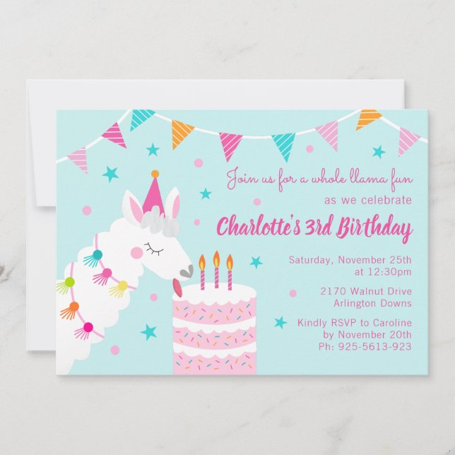 Hela Llama-Roligten kummel 3:e födelsedagen Aqua Inbjudningar (Framsida)