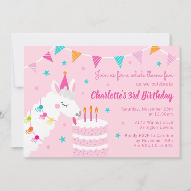 Hela Llama-Roligten Kummel 3:e födelsedagens Rosa Inbjudningar (Framsida)