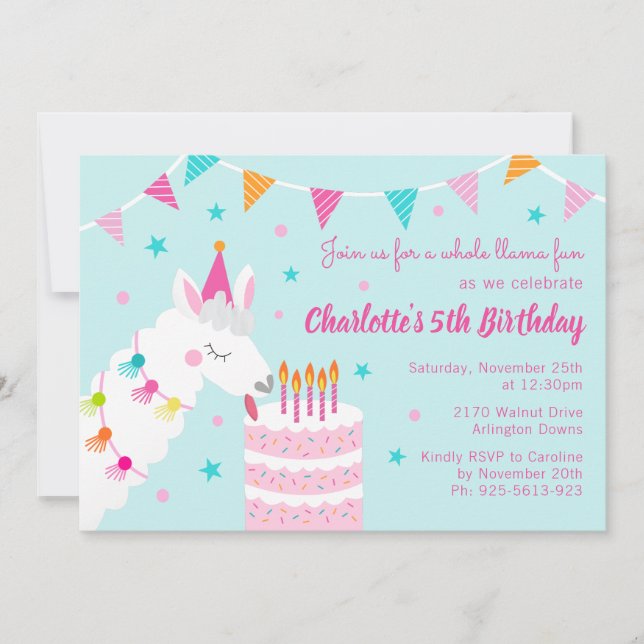 Hela Llama-Roligten Kummel 5:e födelsedagen Aqua Inbjudningar (Framsida)