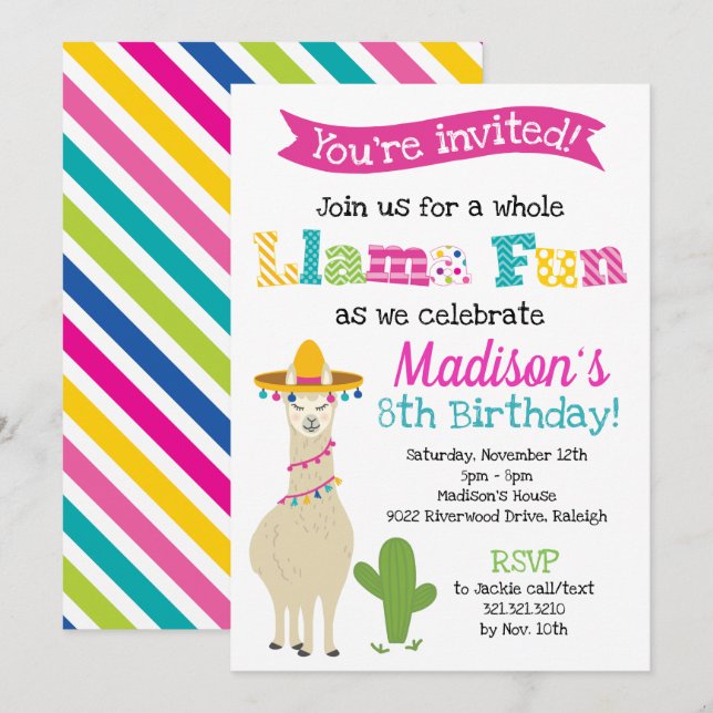 Hela Llama-Roligten - Llama-Födelsedagsfesten Inbjudningar (Fram/baksida)
