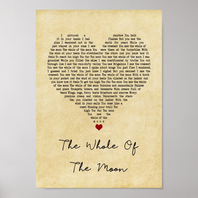 Hela Måne Vintage Heart Sång Lyric Poster (Framsidan)