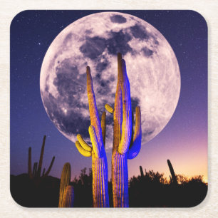 Hela månen över Saguaro Cactus Underlägg Papper Kvadrat