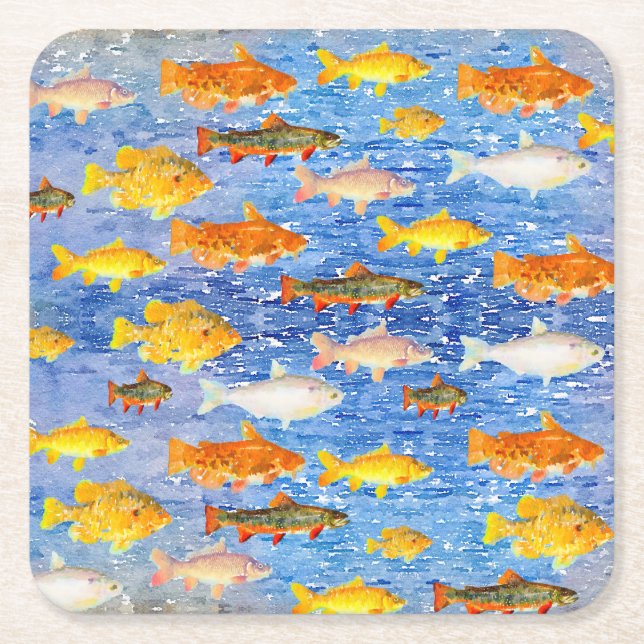 Hela mängden färglös fisk i havet underlägg papper kvadrat (Framsidan)