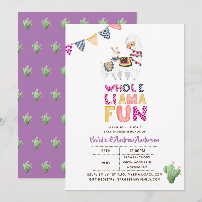 Hela Roligten Baby Mamma Shower Lila Rosa Girls Inbjudningar (Fram/baksida)