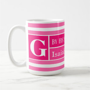 Helande bibelvers rosa och vit randig initial kaffemugg