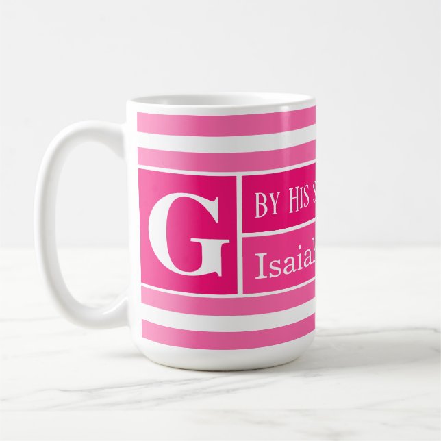 Helande bibelvers rosa och vit randig initial kaffemugg (Vänster)
