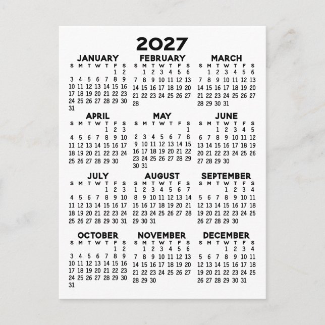 Helårs kalender - Grundläggande Minimal Vykort (Framsida)