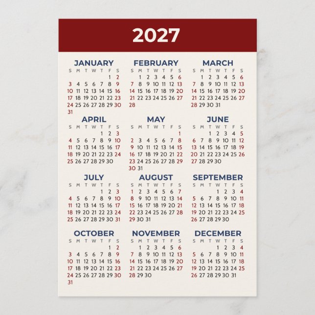 Helårsvy 2027 Kalender Anpassade Färger Kort (Framsida)