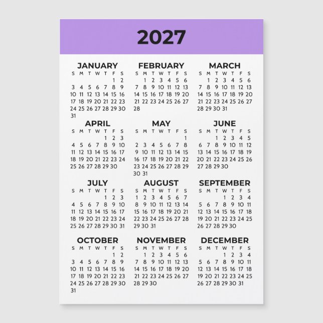 Helårsvy 2027 Lavendel Magnetisk Kalender (Framsida)