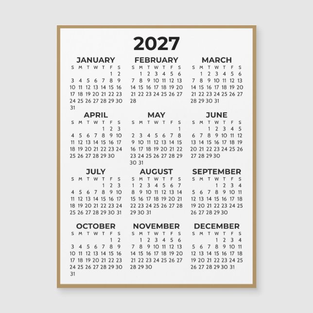 Helårsvy 2027 Magnetkalender Guld Kant (Framsida)