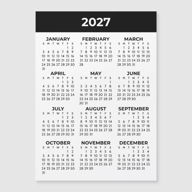 Heldårsvy 2027 Svart Vitt Magnetiskt Kalender (Framsida)