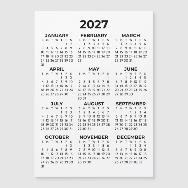Heldårsvy 2027 Svart Vitt Magnetiskt Kalender (Framsida)