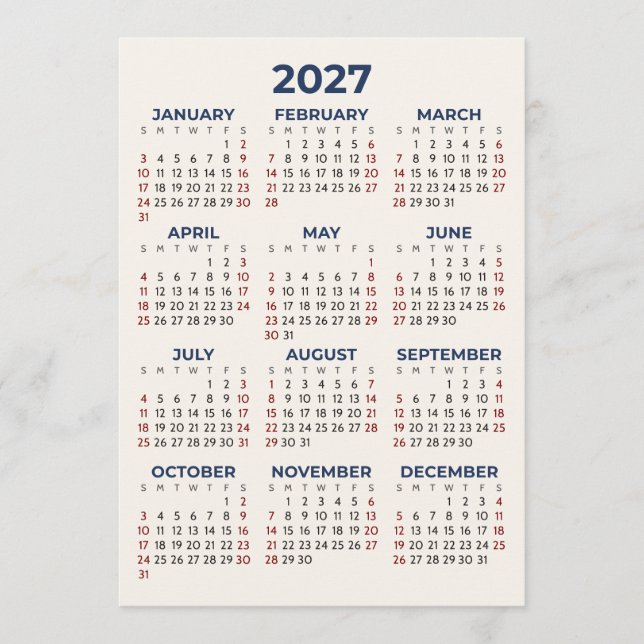 Heldskalender 2027 Dina Färger Enkel Kort (Framsida)