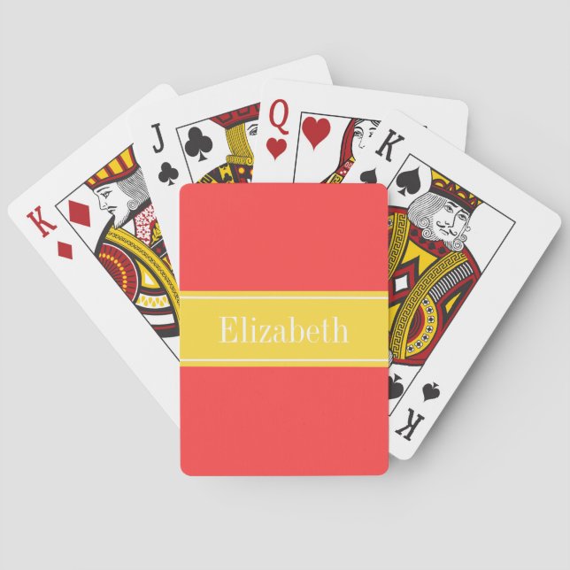 Helfärgad korallrött, ananas ribbon Namn Monogram Casinokort (Baksidan)