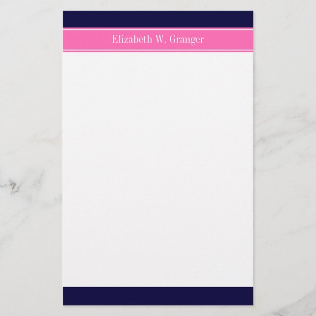 Helfast Navyblå Hot Pink #2 Band Namn Monogram Brevpapper (Framsida)