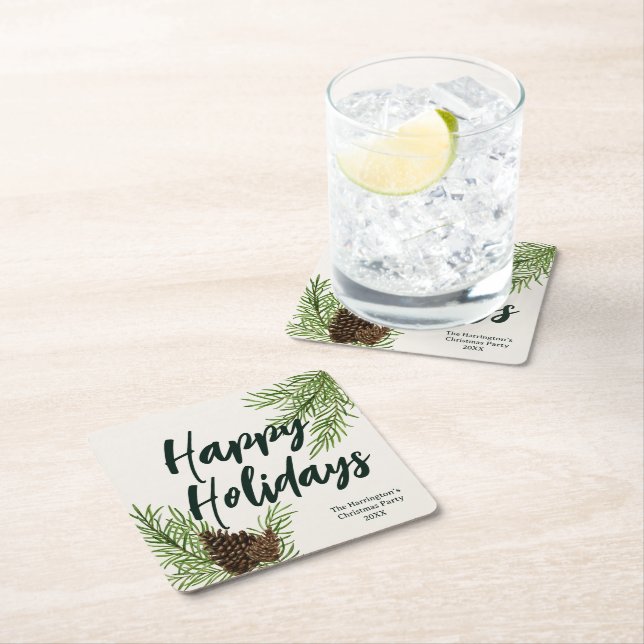 Helg Akvarell Vinter Barrgrönska Elfenben Underlägg Papper Kvadrat (Insitu)