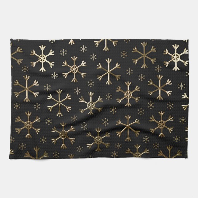 Helg Svart & Guld Metall Julsnöflingor Kökshandduk (Horisontell)