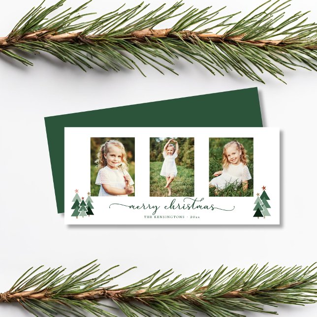 Helgdag 3-foto för Rustic Script Julgranar (Rustic Script Christmas Trees Holiday 3 Photo Card)