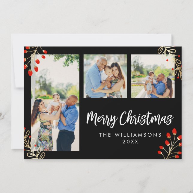 Helgdag 3-fotokort | Red Berries & Guld Löv Julkort (Framsida)