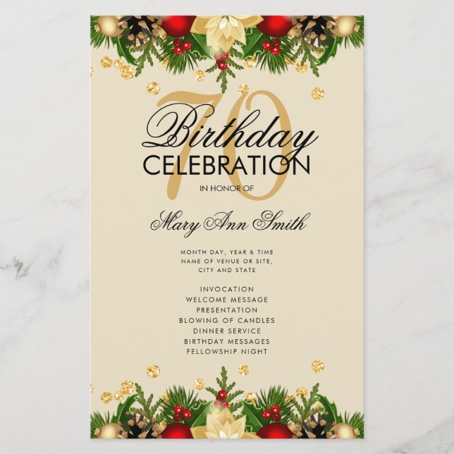 Helgdag 70:e Födelsedagsfesten Program Guld w/Menu (Framsida)