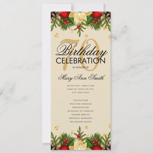 Helgdag 70:e Födelsedagsfesten Program Guld w/Menu (Framsida)