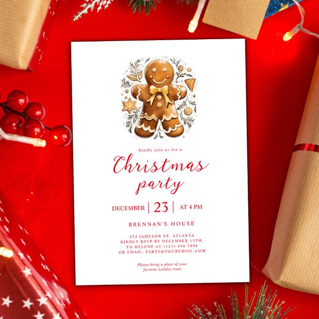 Helgdag av det moderna julet Party Guld Gingerbröd Inbjudningar (Modern Christmas Party Gold Gingerbread Holiday Invitation)