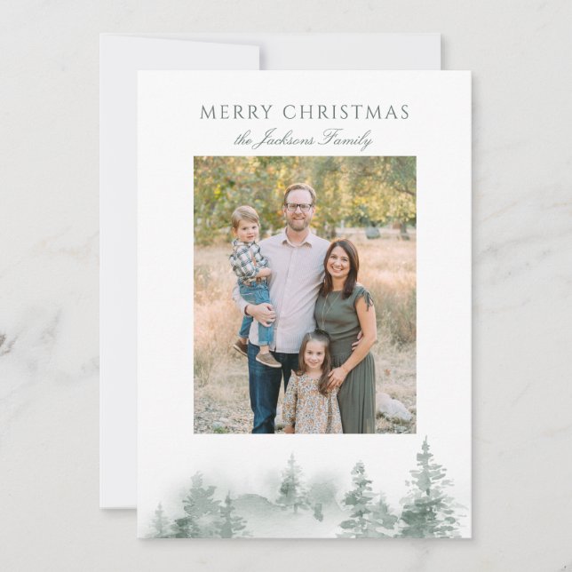 Helgdag av Elegant för Rustig vattenfärg i Träd-Gr Julkort (Framsida)