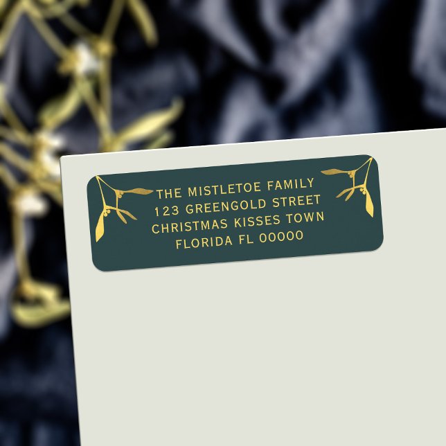 Helgdag av jultomte Grönt Returadress Etikett (Add your details to these festive green and gold mistletoe return address labels)