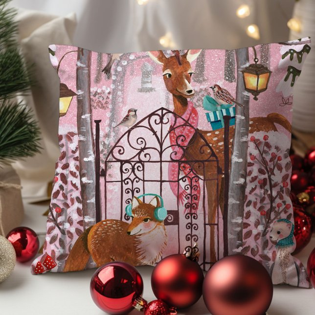 Helgdag av kutym Rosa Winter Woodland Animals Kudde (Cute Pink Winter Woodland Animals Holiday Throw Pillow)