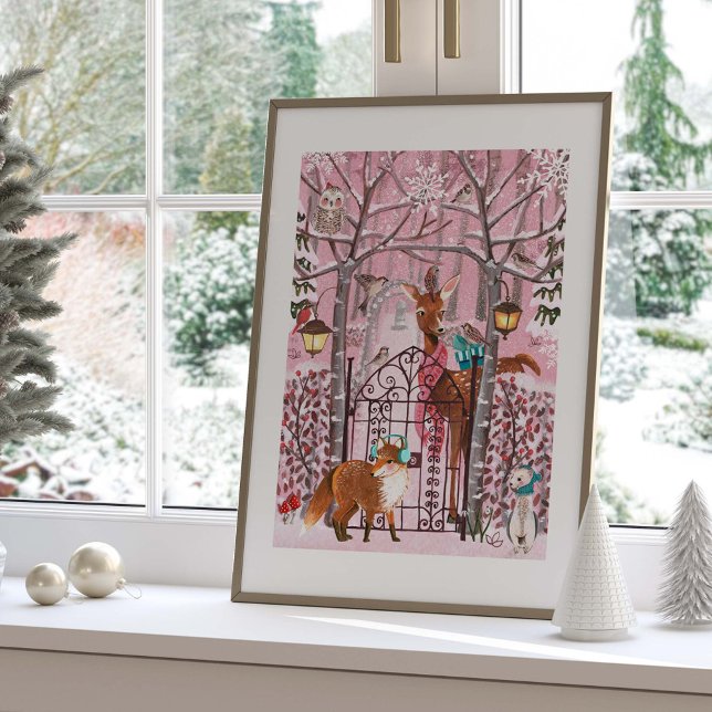 Helgdag av kutym Rosa Winter Woodland Animals Poster (Cute Pink Winter Woodland Animals Holiday Poster)