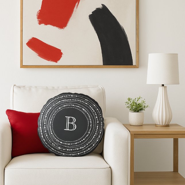 Helgdag av Monogram-Snyggt för Merry- och Bright-m Rund Kudde (Merry & Bright Sparkling Lights With Family Monogram Christmas Round Pillow - Holiday Home Decor)