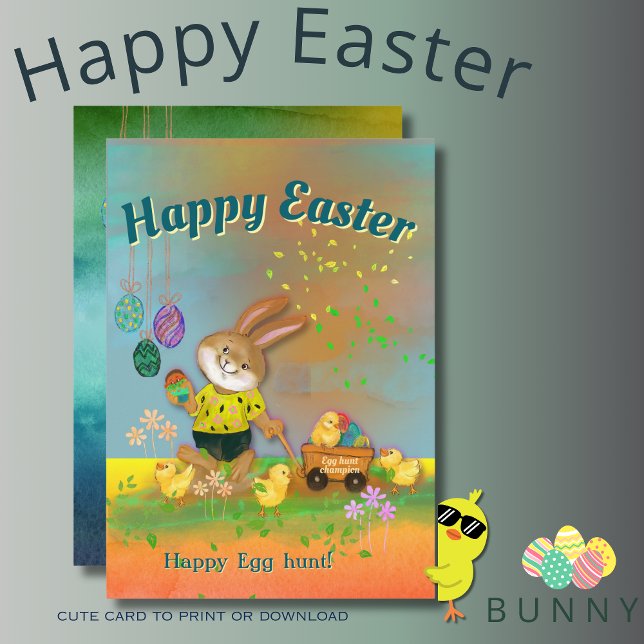 Helgdag av Orangen lycklig Egg Hunt Bunny & Chick Julkort ( Happy Egg Hunt Bunny & Chicks Orange Holiday Card )