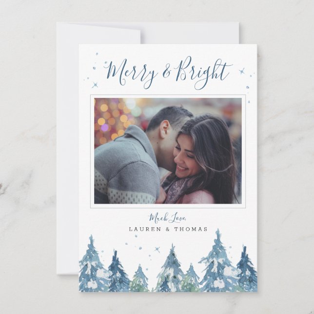 Helgdag av rustik blå Gräs-skogsvattenfärg, blått  Julkort (Framsida)