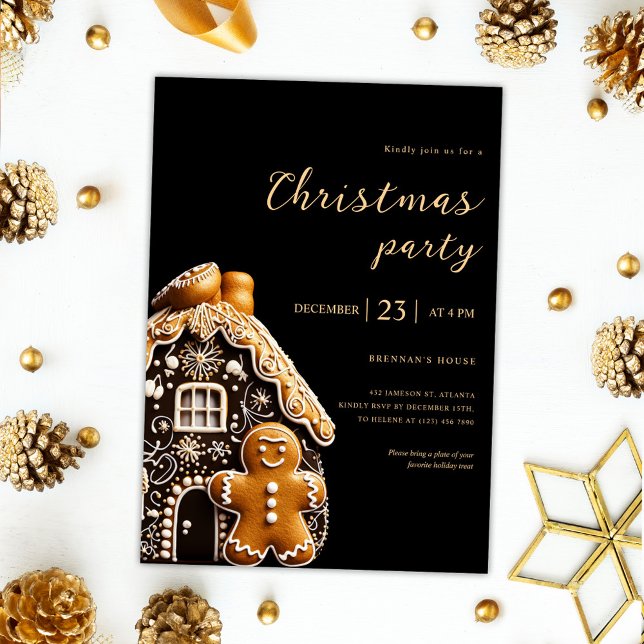 Helgdag av svart bläckfisk vid Party Guld Inbjudningar (Christmas Party Gold Black Gingerbread Holiday Invitation)