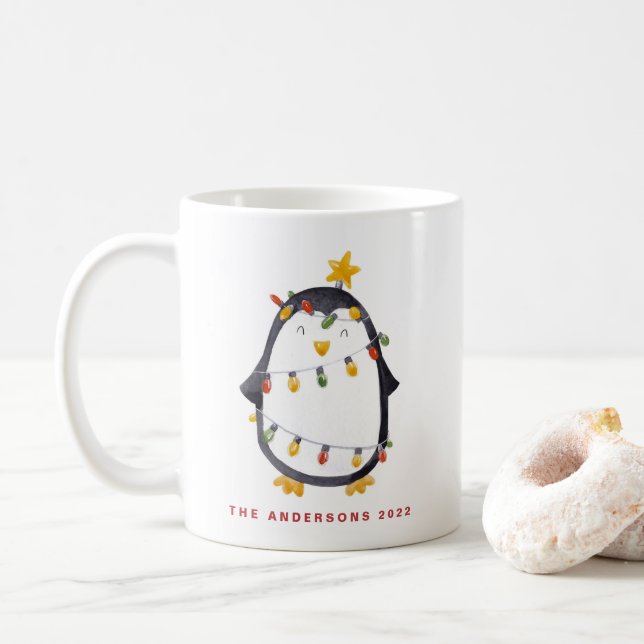 Helgdag av vattenfärg Penguin och julgranen Ljus Kaffemugg (Med munk)