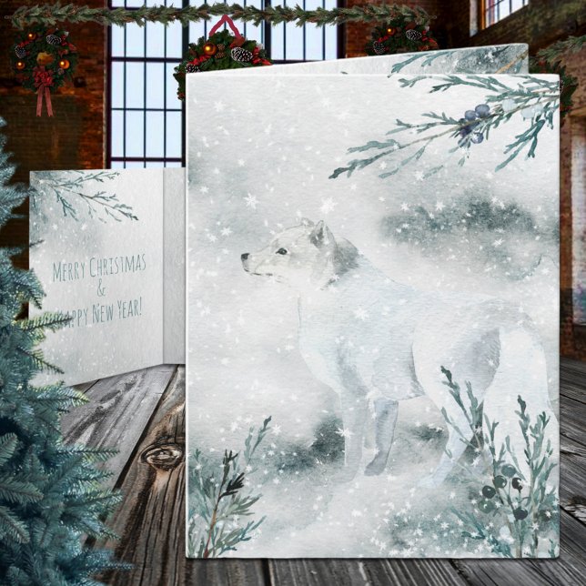 Helgdag av vintervit arktiskt räv helgkort (Snowy Winter White Arctic Fox Christmas Holiday Wraparound Graphics Folded Card in two sizes)